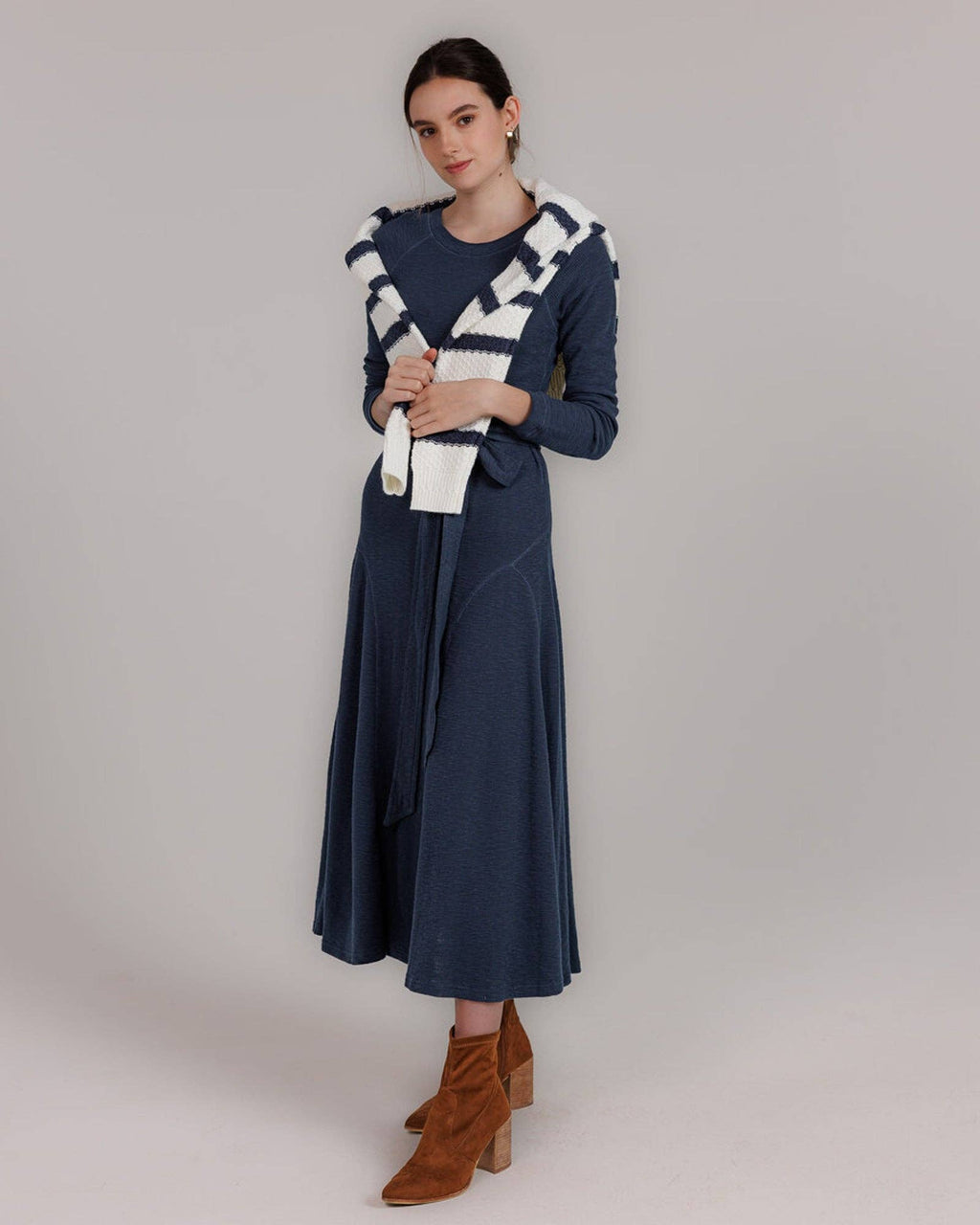 Destination Long Sleeve Midi Length Navy Knit Dress