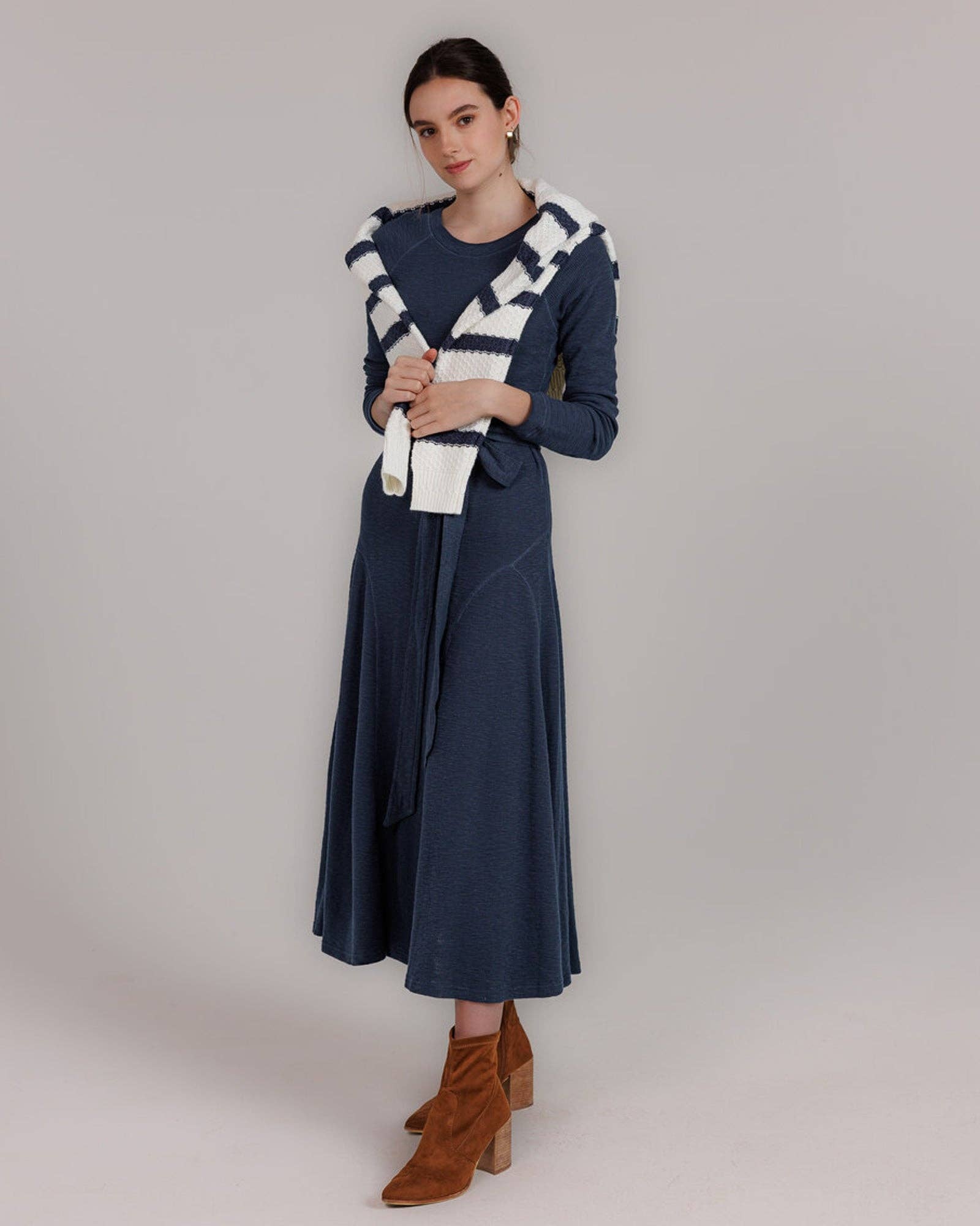 Destination Long Sleeve Midi Length Navy Knit Dress