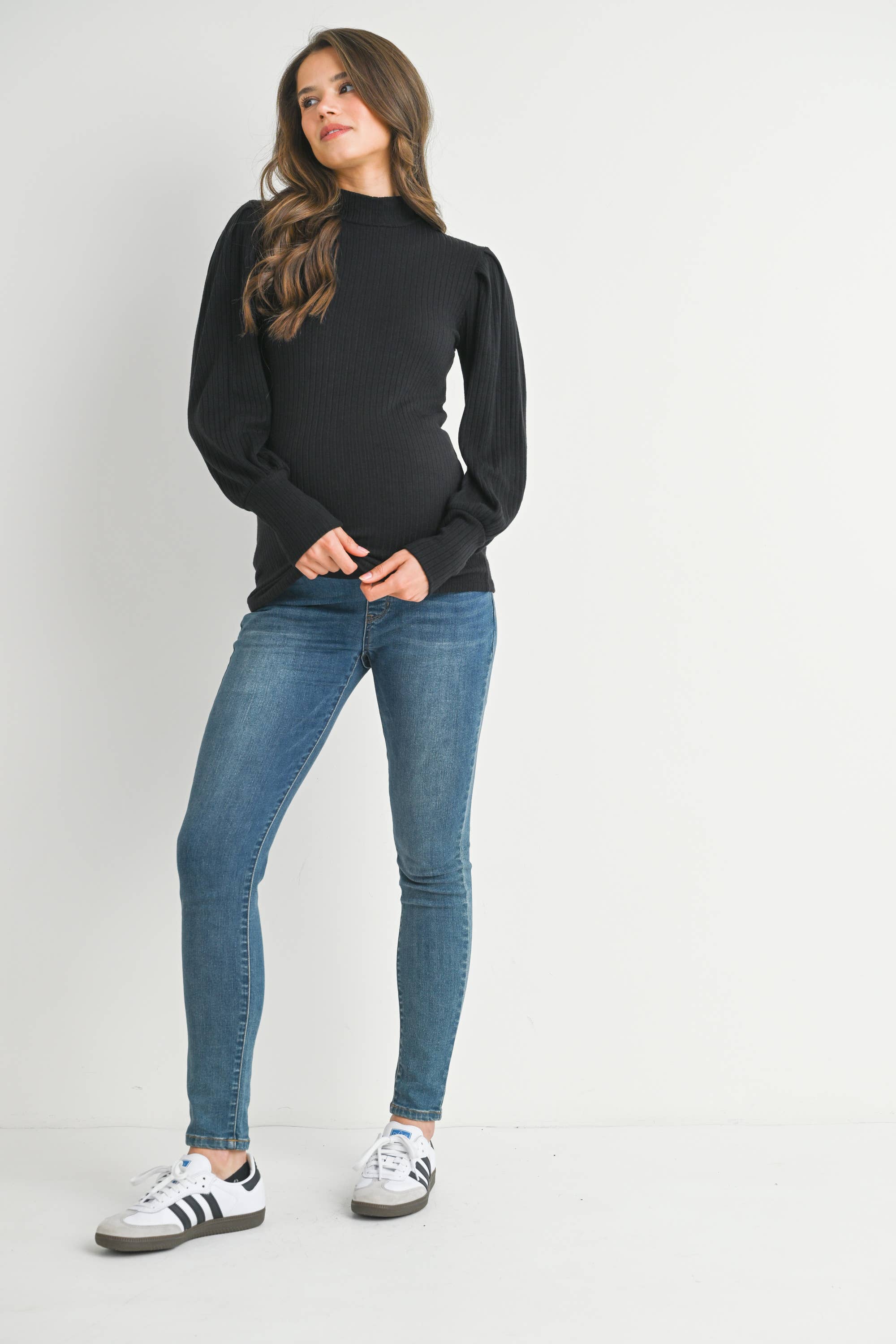 Ribbed Mock Neck Puff Sleeve Maternity Top