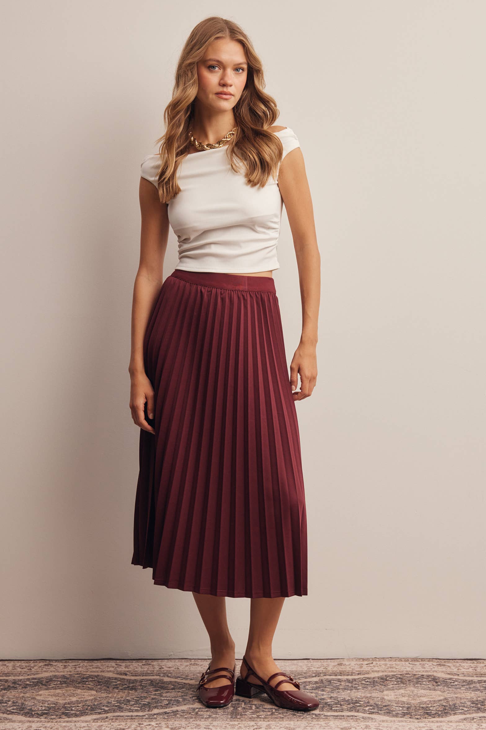 Stretch Pleated Midi Skirt FSK0027
