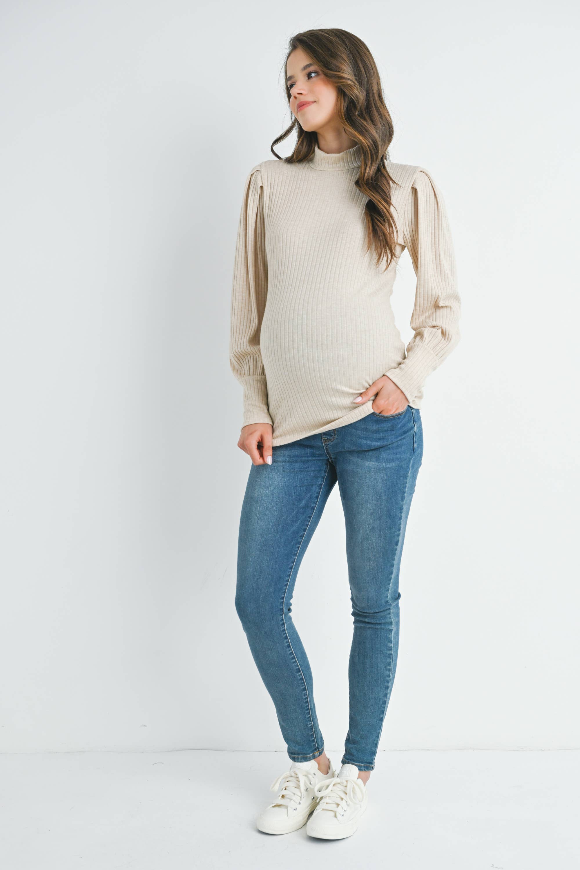 Ribbed Mock Neck Puff Sleeve Maternity Top