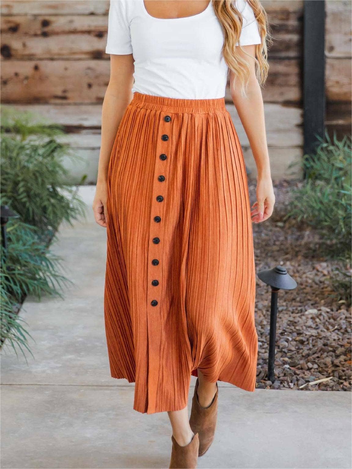 Women's high-waisted solid pleated simple midi A-line skirt