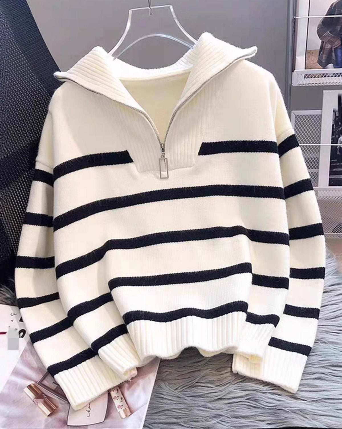 Half zip knit sweatshirt striped sweater