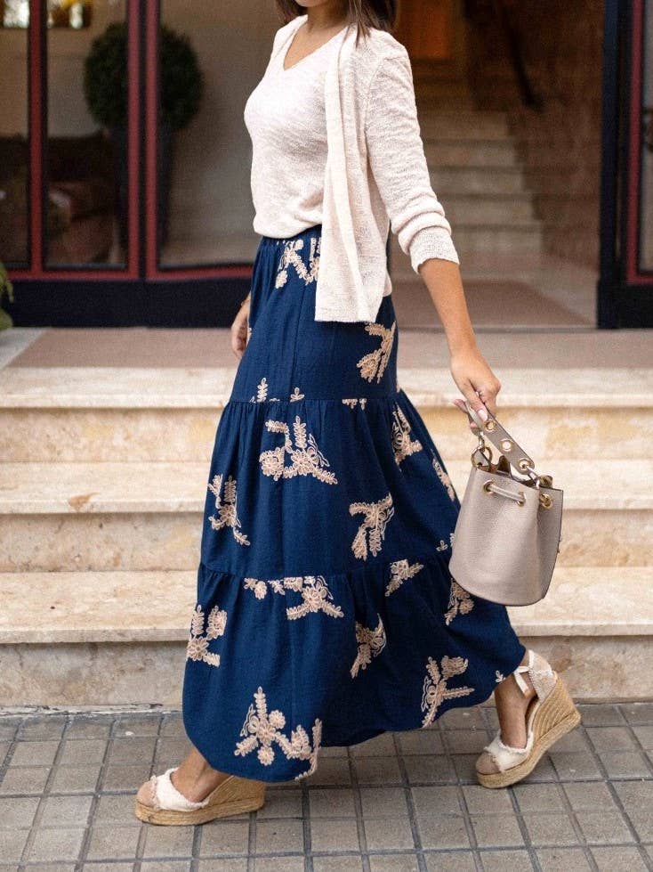 Boho Flower Branch Print Tiered Skirt