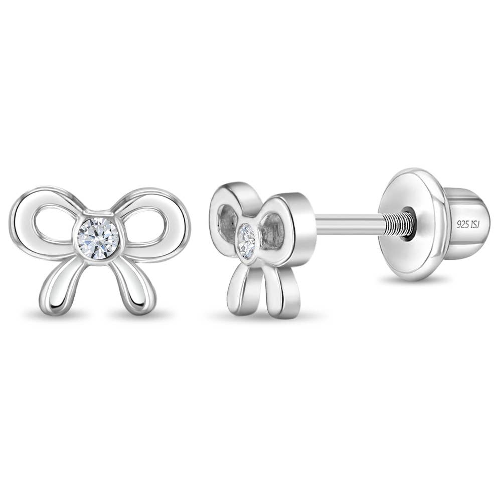Delicate CZ Bow Baby Toddler Kids Earrings - Sterling Silver