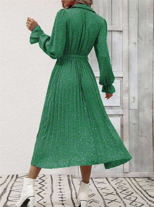 Fashionable pleated floral print long-sleeves dress