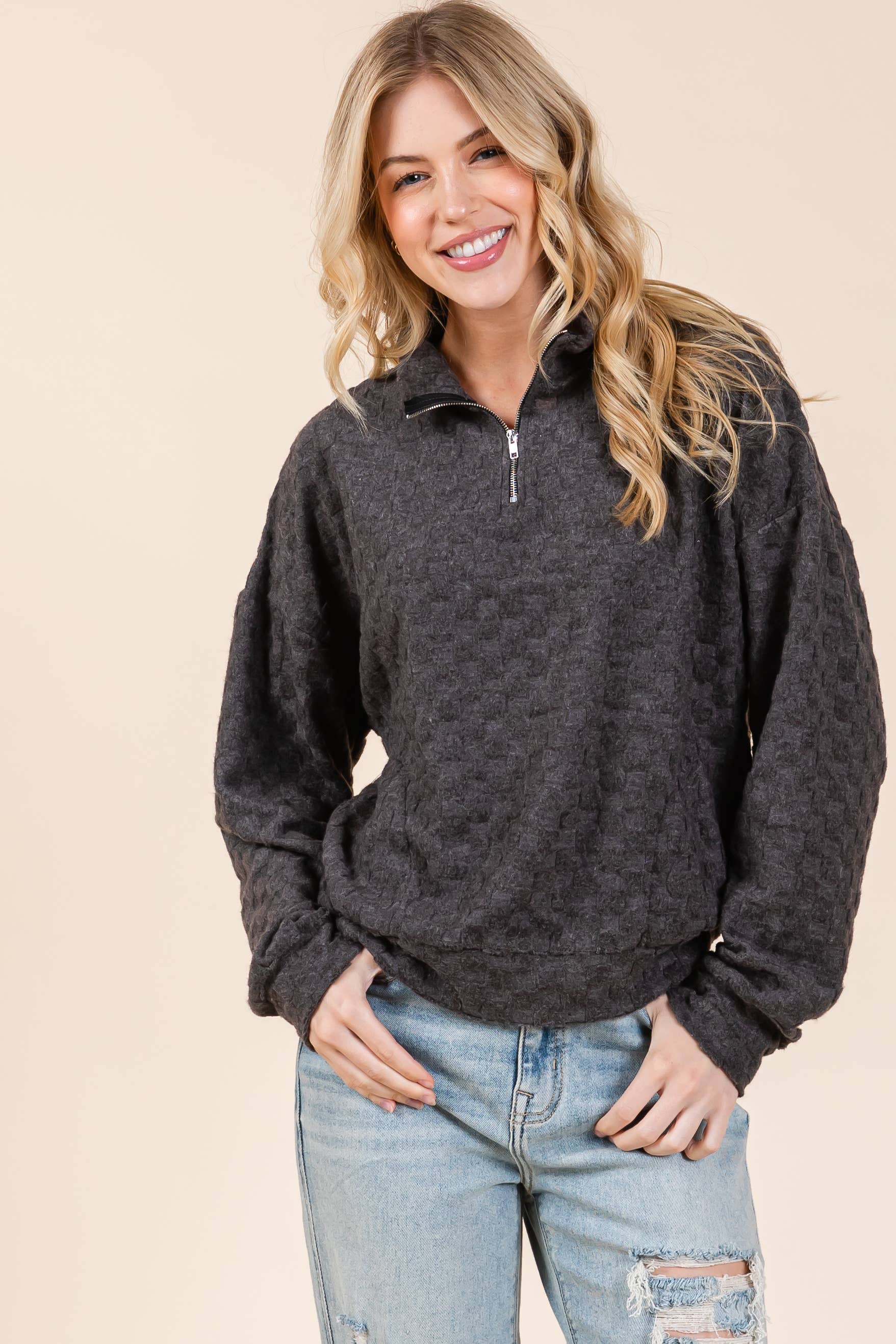 FUZZY CHECKERED 1/4 ZIP TOP