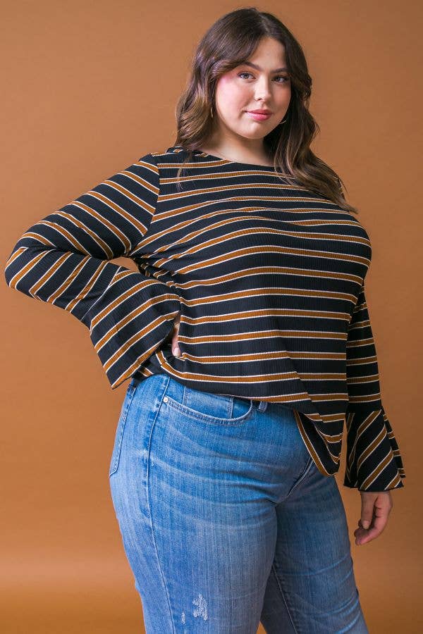 A PLUS SIZE STRIPE RUFFLE SLEEVE TOP-ATP1531-KN