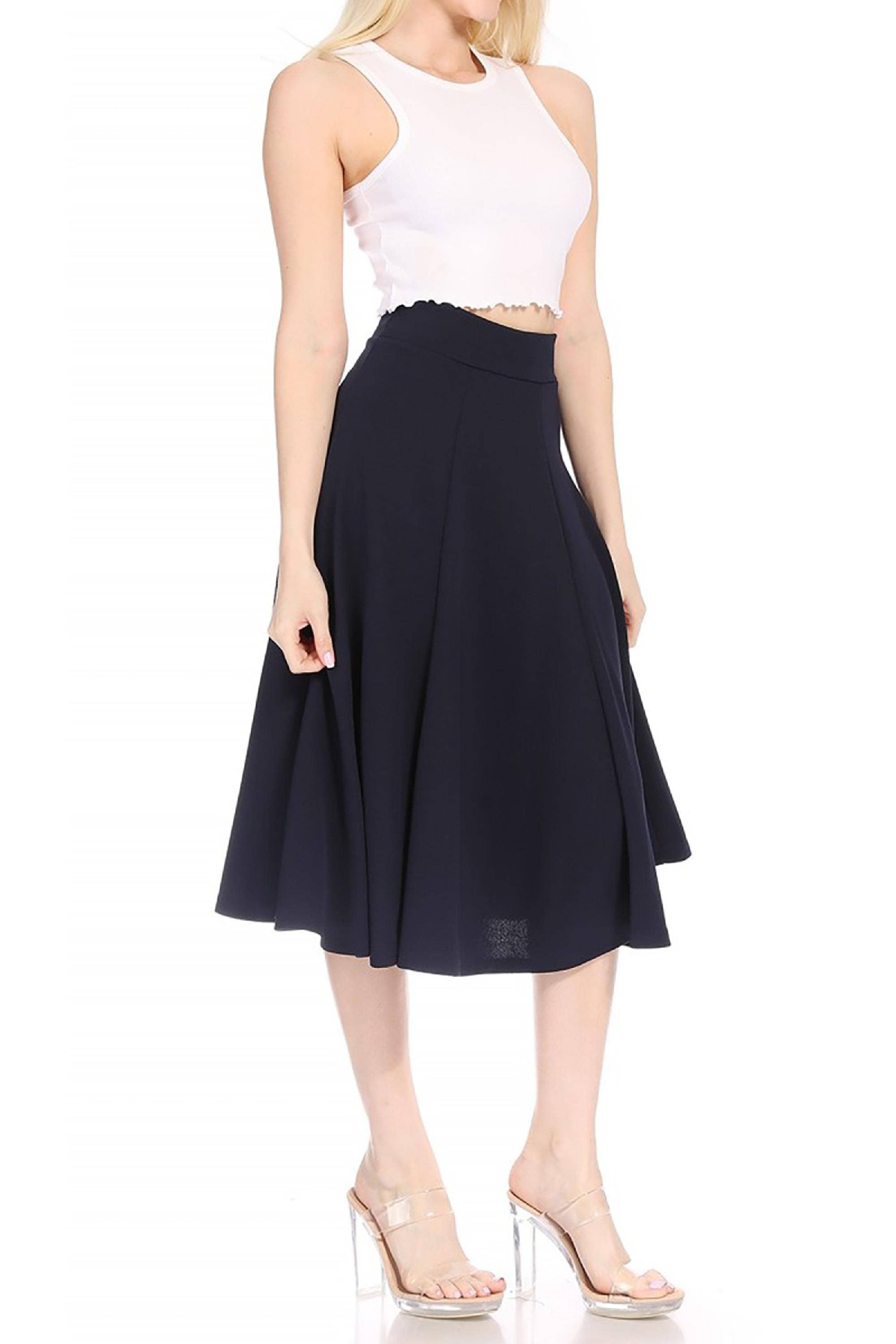 Women's Classic Solid Flared Midi A-Line Skirt