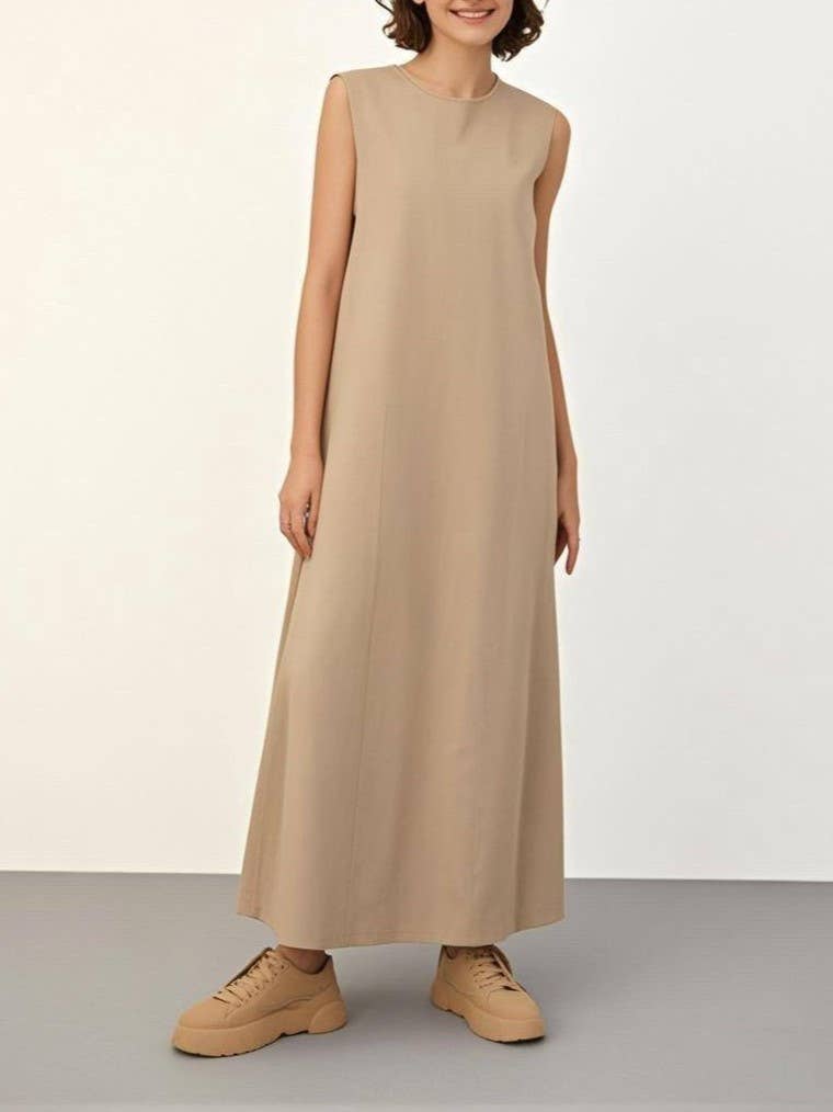 Effortless plain round neck sleeveless maxi swing dress