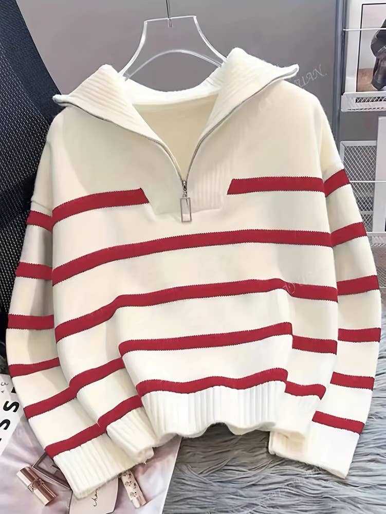 Half zip knit sweatshirt striped sweater