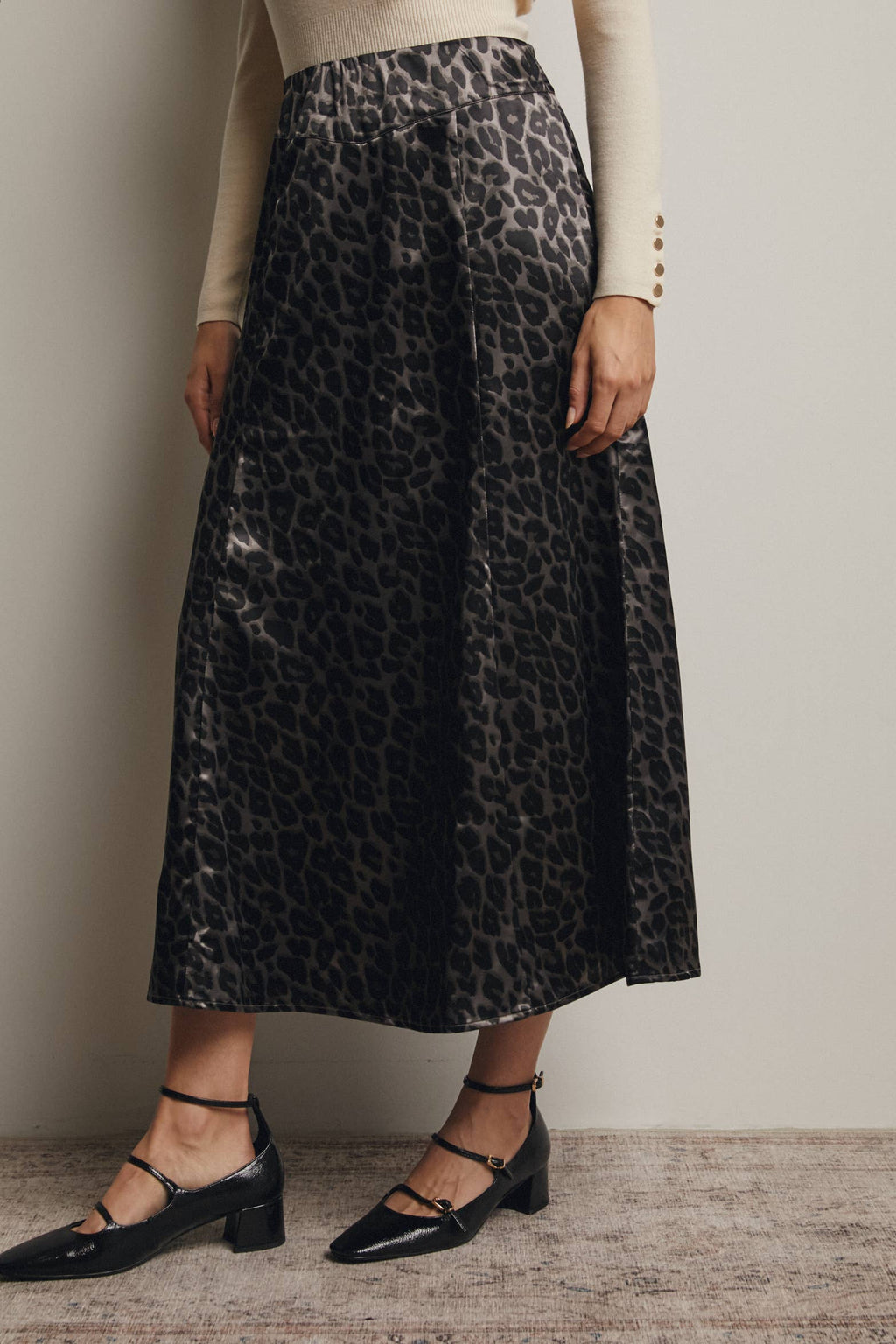 Leopard Print Satin Midi Skirt