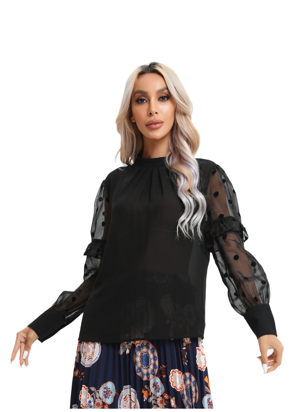 Polka Dot Sheer Sleeve Black Top