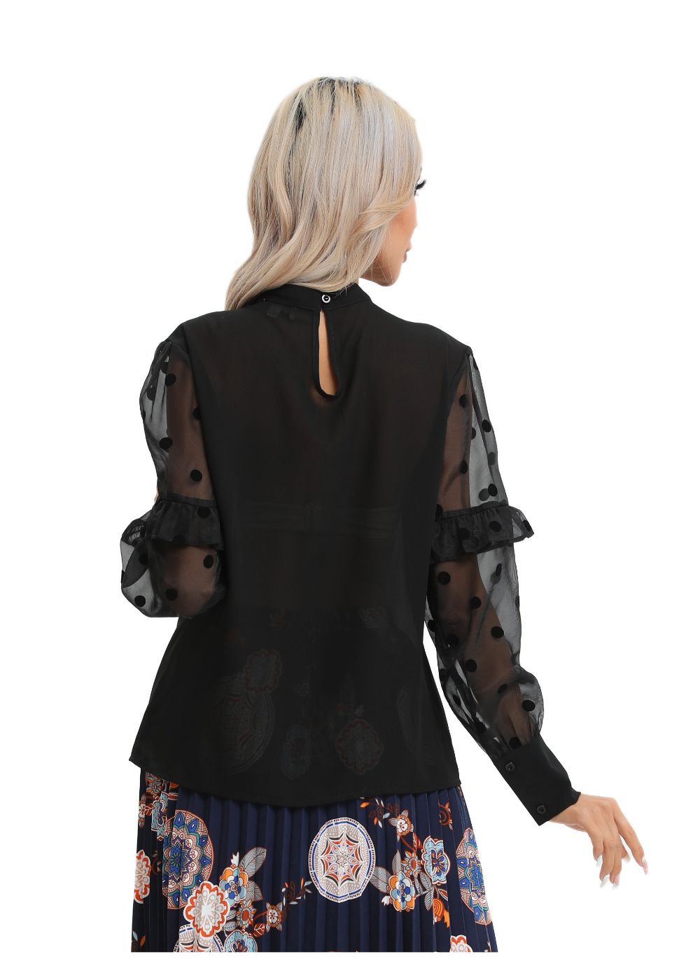Polka Dot Sheer Sleeve Black Top